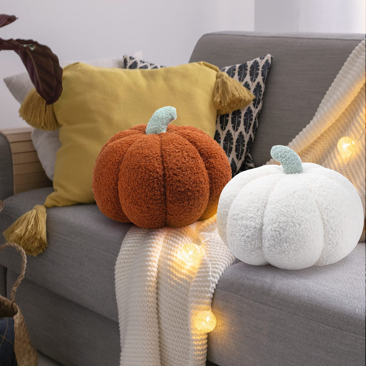 Kajaia 2 Pcs Simulated Pumpkin Pillow Plush 11 x 9.5 Inch 3D Cushion Fall Decorations Stuffed Throw Pillows Toy for Thanksgiving Christmas Halloween Bedroom Sofa Couch Supplies (White,Brown)