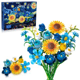 Blue Rose Flowers Valentines Gifts - Bouquet Building Set Compatible with Lego Flowers for Adults Women, Van Gogh's Starry Night and Sunflowers Style, Christmas Mother's Day Home Decor