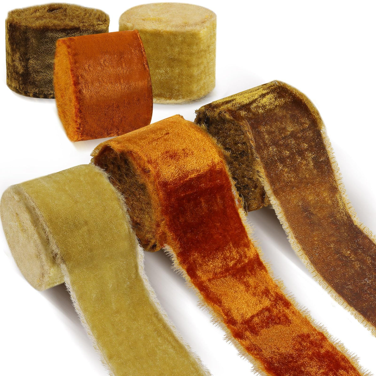 3 Roll Christmas Silk Velvet Vintage Wrapping Ribbon, Raw Edge Fringe Ribbon for Xmas Bow Wreath Wrapping Floral Bouquets - 9 Yards (Apricot, Khaki, Brown, 2'' Width)