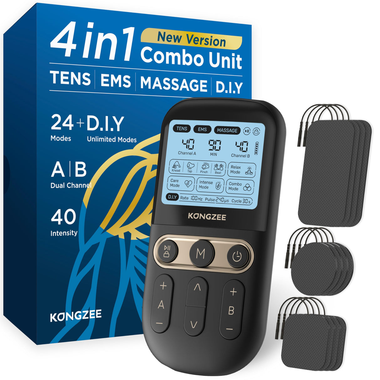 4 in 1 - D.I.Y & Tens Unit & EMS & Massage Muscle Stimulator, Dual Channel TENS Units Therapy Machine for Pain Relief, FDA Cleared Rechargeable Electronic Pulse Massager,with 12pcs Electrode Pads