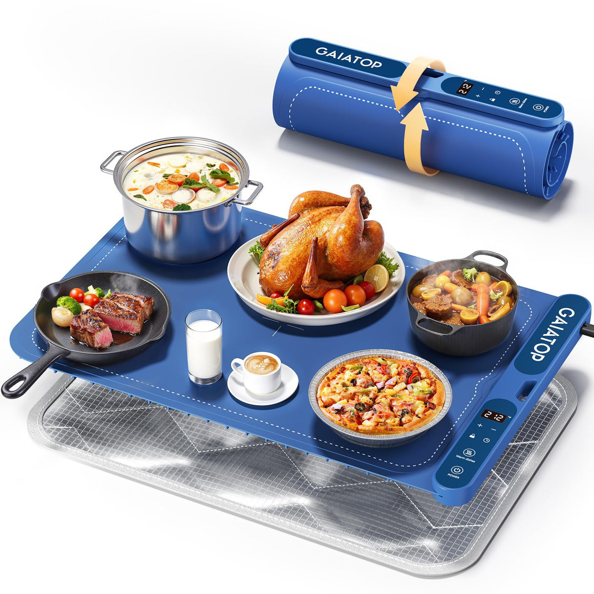 Gaiatop Food Warming Mat, Fast-Heating Silicone Electric Warming Tray with Heat Insulating Pad, 7-Level Temp 8h Timer Food Warmer Mat, Portable Heating Mat for Countertop Gatherings Party Home, Blue
