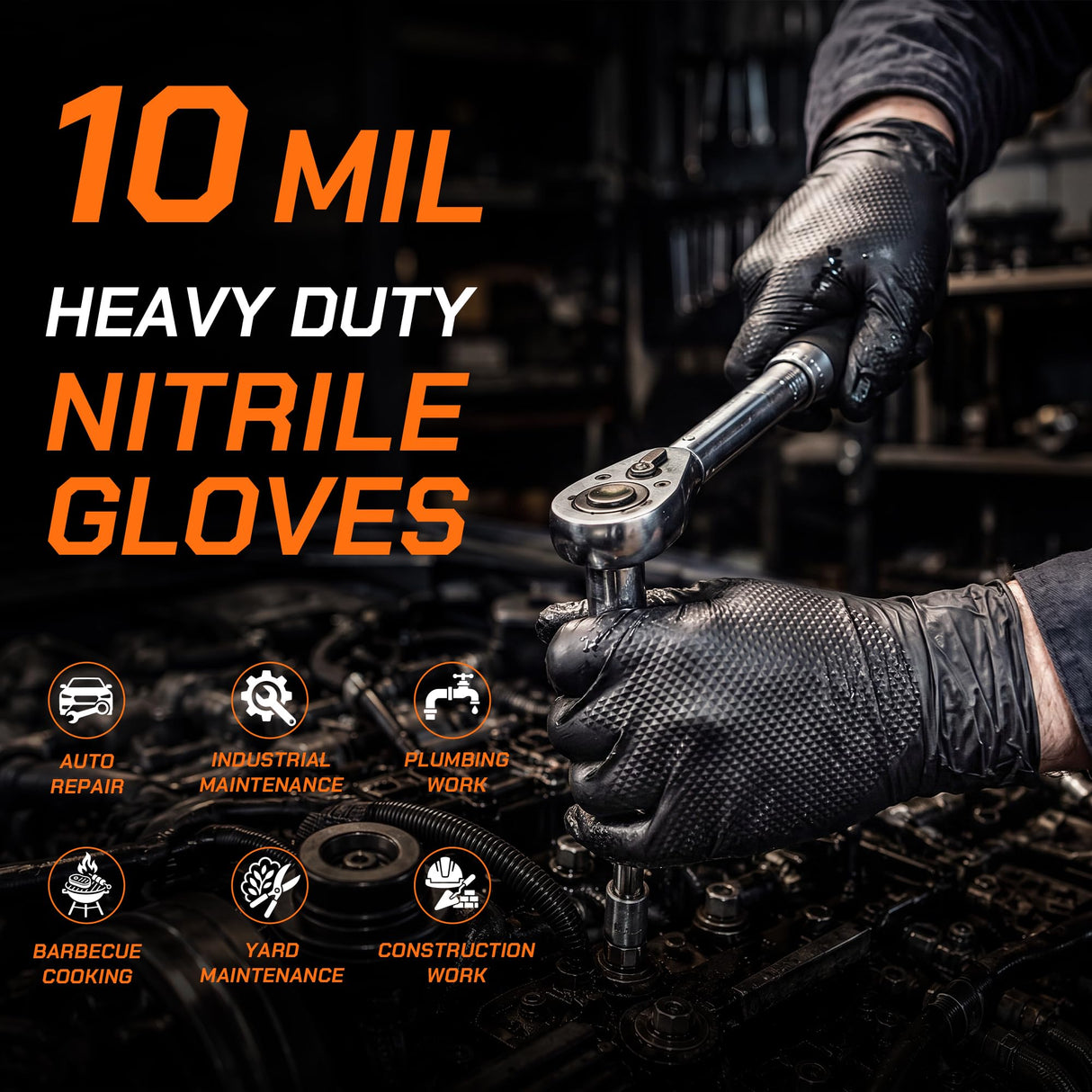 UYKKE 10mil Nitrile Gloves Thick,Industrial Disposable Cooking Gloves with Diamond Textured,Heavy Duty Mechanic Gloves,Latex Free (100, XL)