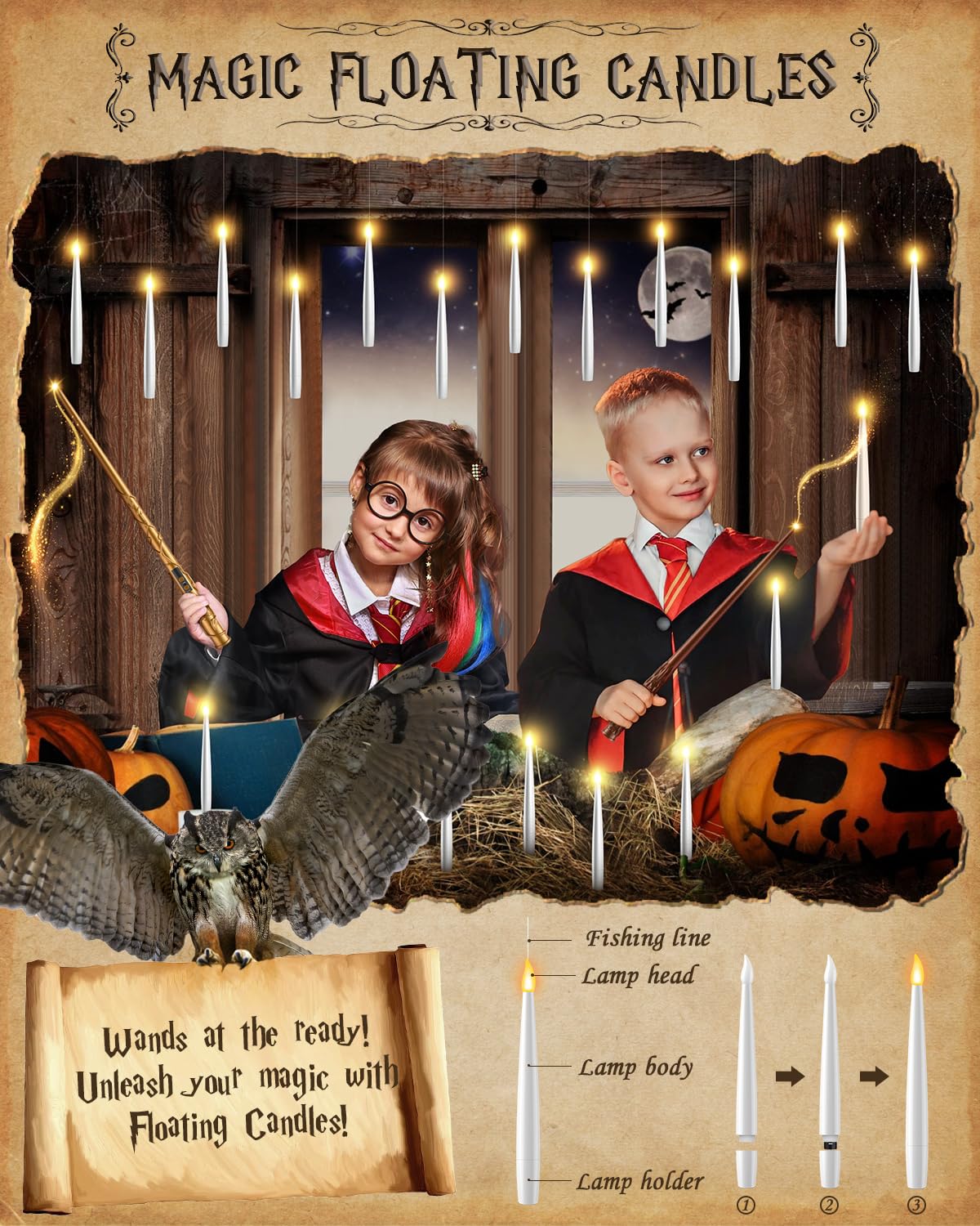 TLPUHU Floating Candles with 2 Wand - 24 Pack Christmas Decorations Magic Flameless Candles Flickering Warm Light LED Hanging Candle Remote, Operated Candles for Christmas Outdoor Indoor Party Decor