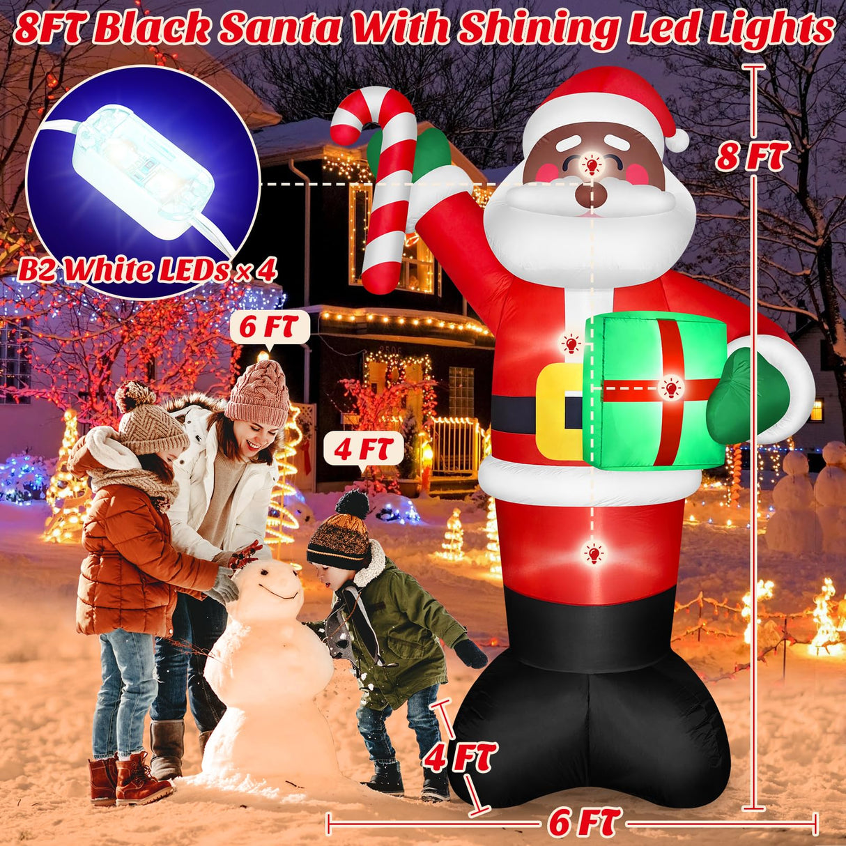 8 FT Tall Giant Black Santa Inflatable Christmas Decorations Outdoor Candy Cane & Gift Box, Build in LED Lights Funny Merry Xmas Blow Ups Yard Decoration for Outside Holiday Winter Indoor Patio Lawn