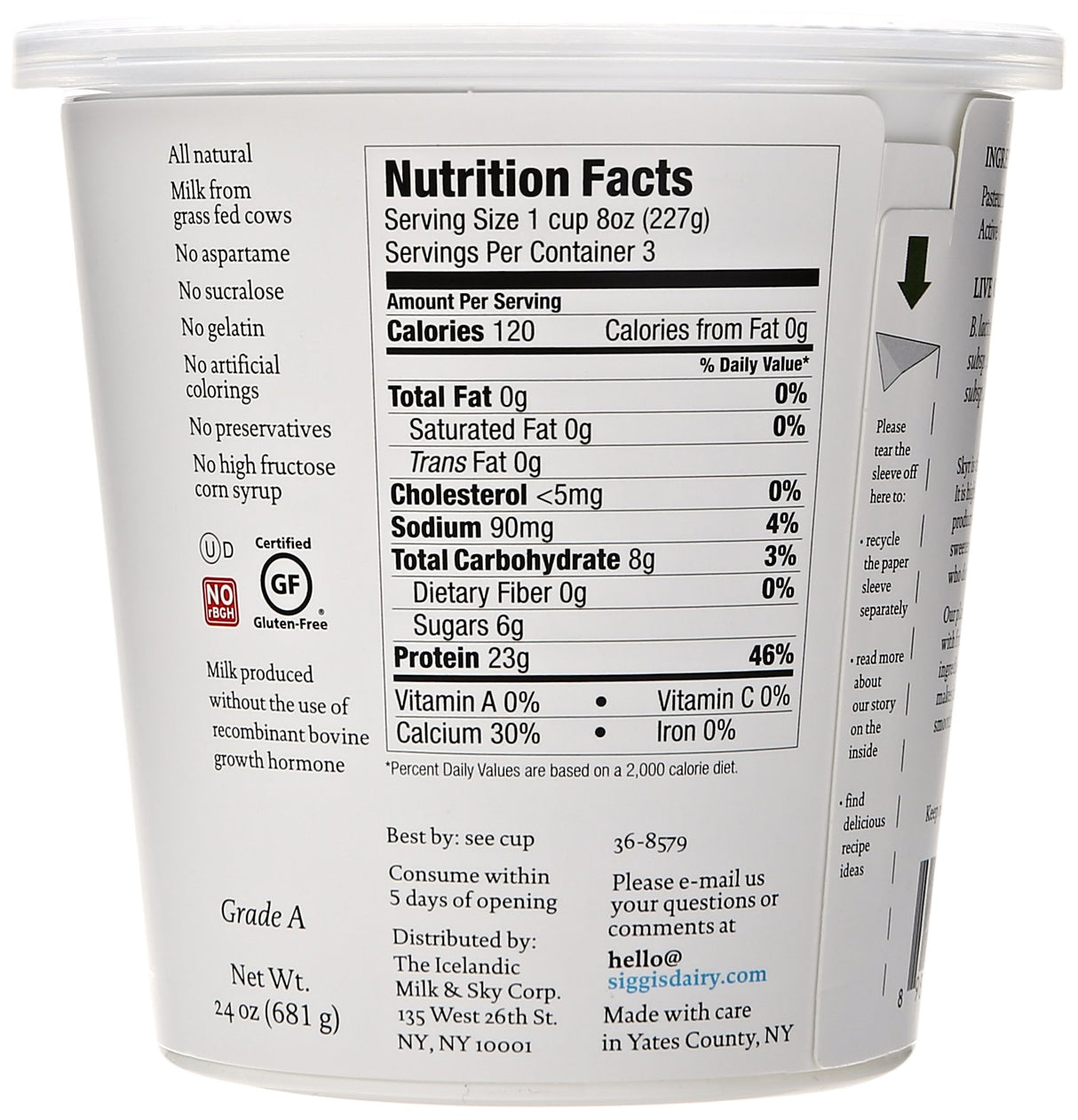 siggi's® Icelandic Strained Nonfat Yogurt, Plain, 24 oz. Multiserving Container – Thick, Protein-Rich Yogurt Snack