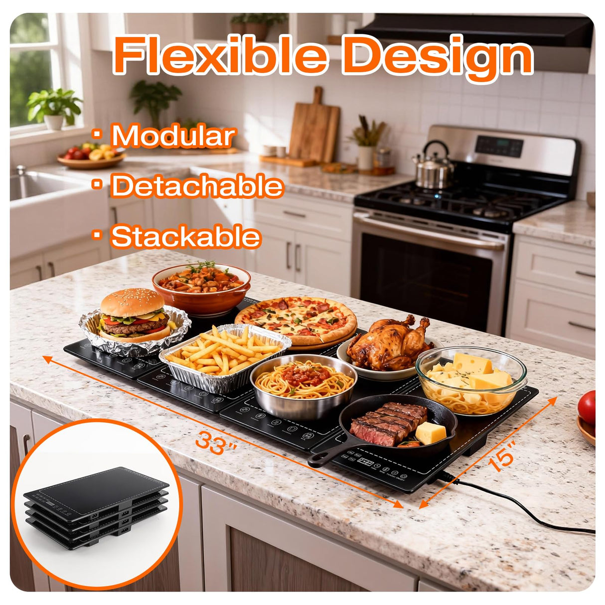 Electric Warming Tray,33"x 15" Food Warmer for Parties Buffet with 10 Temp-Settings, 4-in-1 Warming Mat for Food Built-in Thermostat and Surface Heating, Warming Tray for Parties Buffet,Gatherings