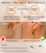 6 Pairs Emerald Green 14K Gold Plated Hoop Stud Earrings Stacks for Women