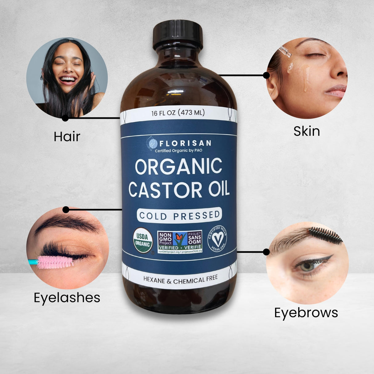 Florisan Organic Castor Oil, EWG Verified & USDA Organic Certified, 16oz, Cold-Pressed, Hexane-Free, Non-GMO, For Hair, Skin, Lashes, Brows, 100% Pure Castor Oil