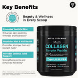 Vital Vitamins Multi Collagen Peptides Powder - Unflavored, Easy to Dissolve - Type I, II, III, V, X - for Women & Men - Promotes Hair, Skin, Nails, & Joint Health - 30 Servings