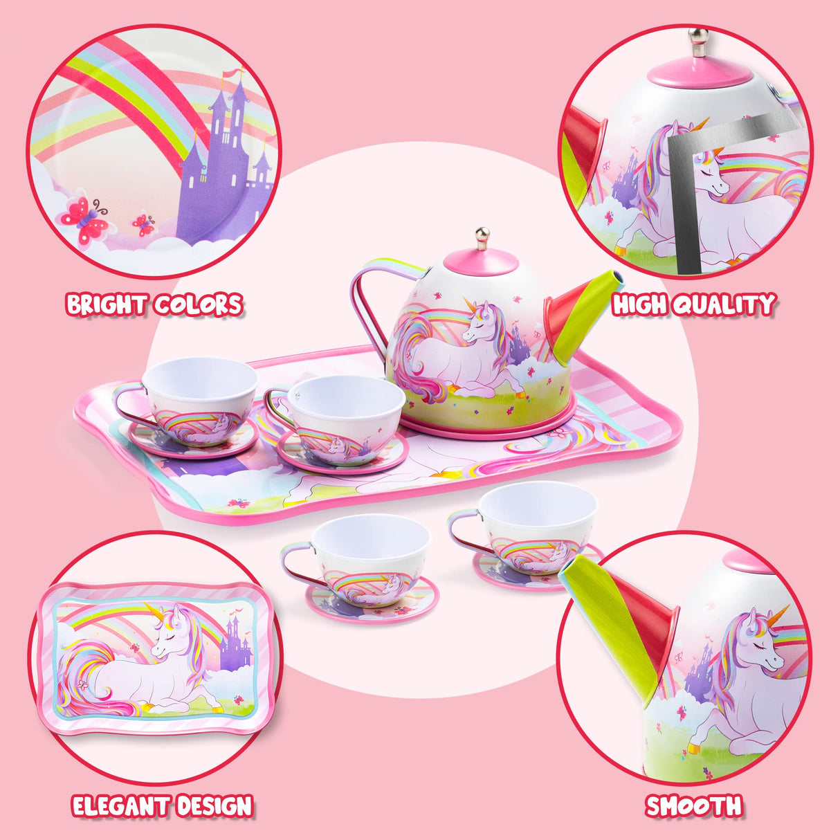 JOYIN Unicorn Tea Party Set for Little Girls, Pretend Pink Tin Teapot Set, Princess Tea Time Play Kitchen Toy with Teapot, Cup, Plate, Carrying Case for Kids Toddlers Age 3 4 5 6, Gift for Christmas