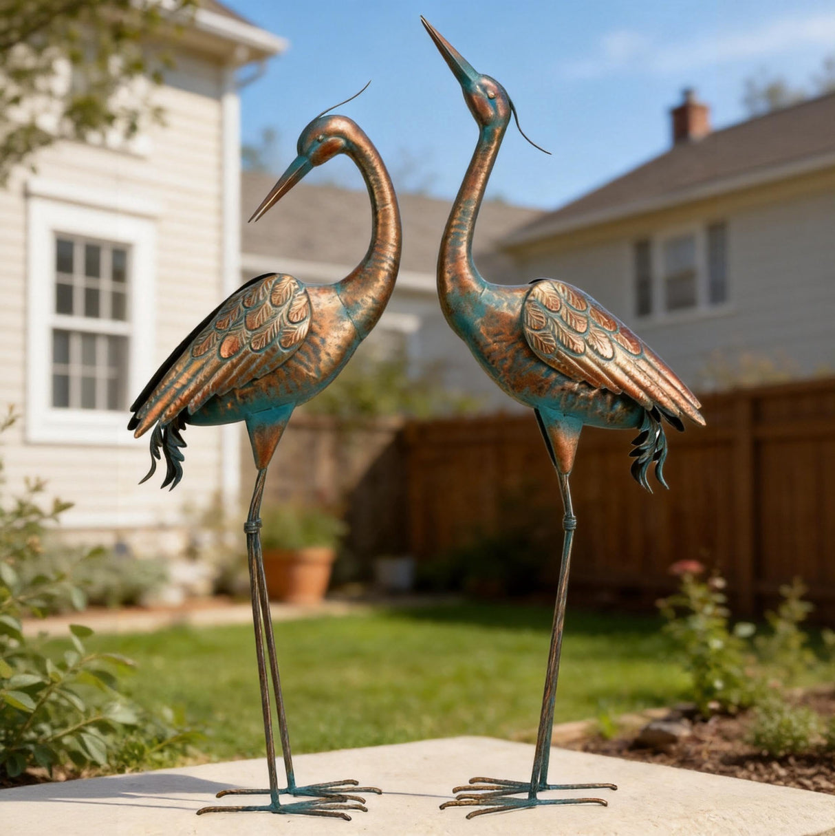 chisheen Garden Crane Statues Blue Heron Metal Yard Art Outdoor Decoration,Large Sculptures for Lawn Patio Porch,39-44 inch,Set of 2