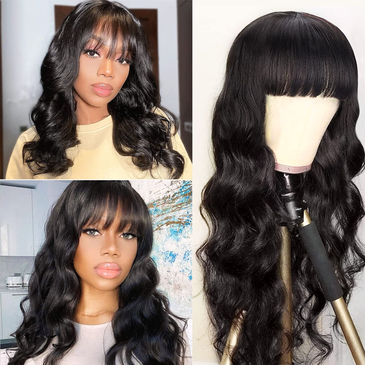 Human Hair Wigs with Bangs Body Wave Bang Wigs for Black Women Human Hair 150% Density Brazilian Glueless None Lace Front Wig Human Hair Natural Color(16 Inch, Body Wave)