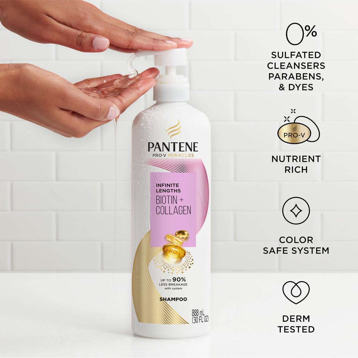 Pantene Infinite Lengths Shampoo, Sulfate Free with Biotin + Collagen, Strengthens Brittle Hair, Up to 90% Less Breakage, Safe for Color Treated Hair, Pro-V Miracles, Floral Scent, 30 Fl Oz