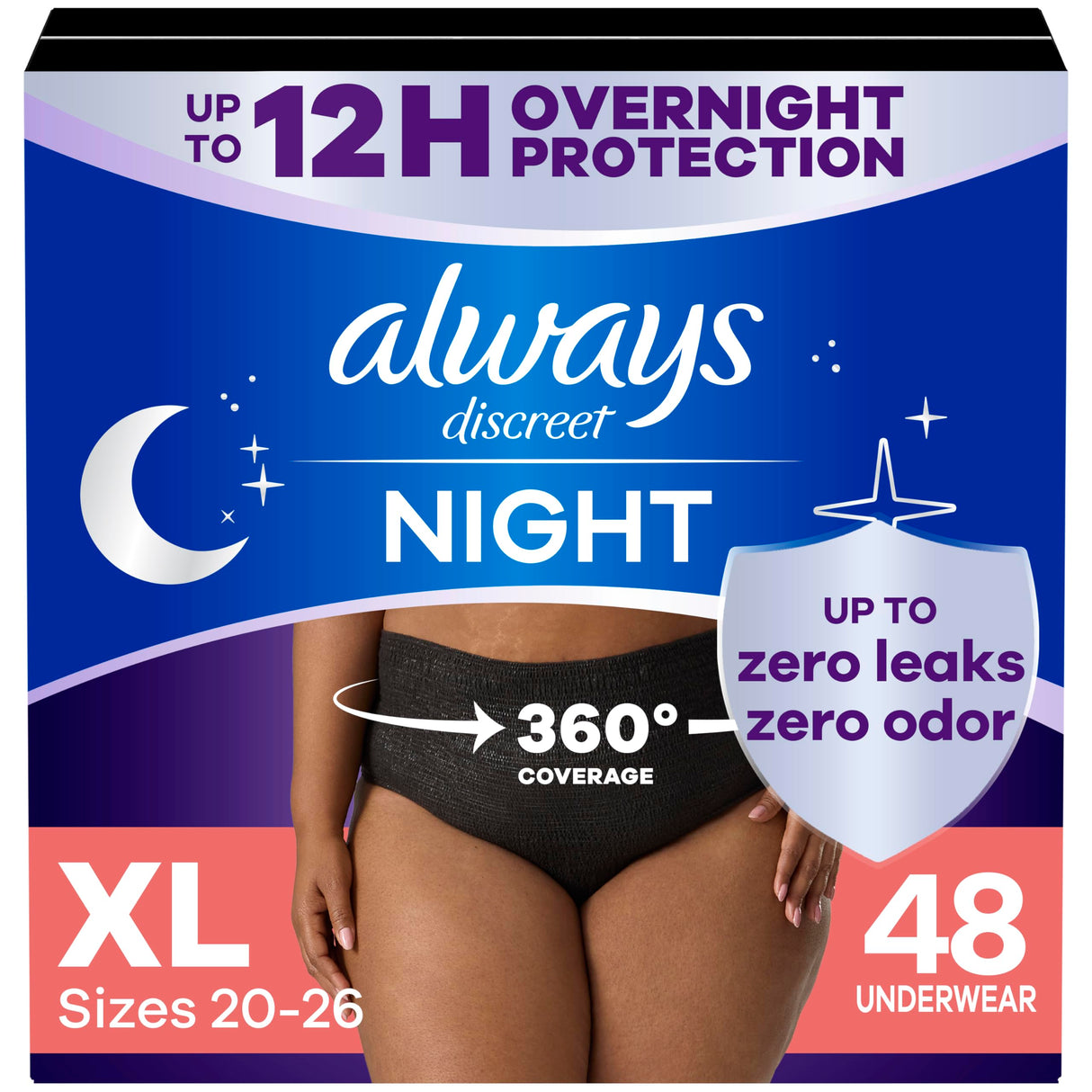Always Discreet Adult Incontinence Overnight Underwear for Women, Extra Large, Up to 100% Bladder Leak Protection, 48 Count (3 Packs of 16)