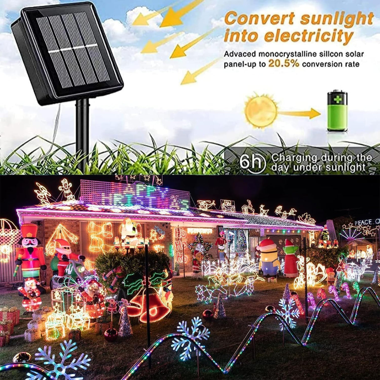 QITONG Multicolor Solar Christmas Lights, 2 Pack Each 33ft 100 LED Rope Light, Fairy Lights in Clear Thin Tube with 8 Modes