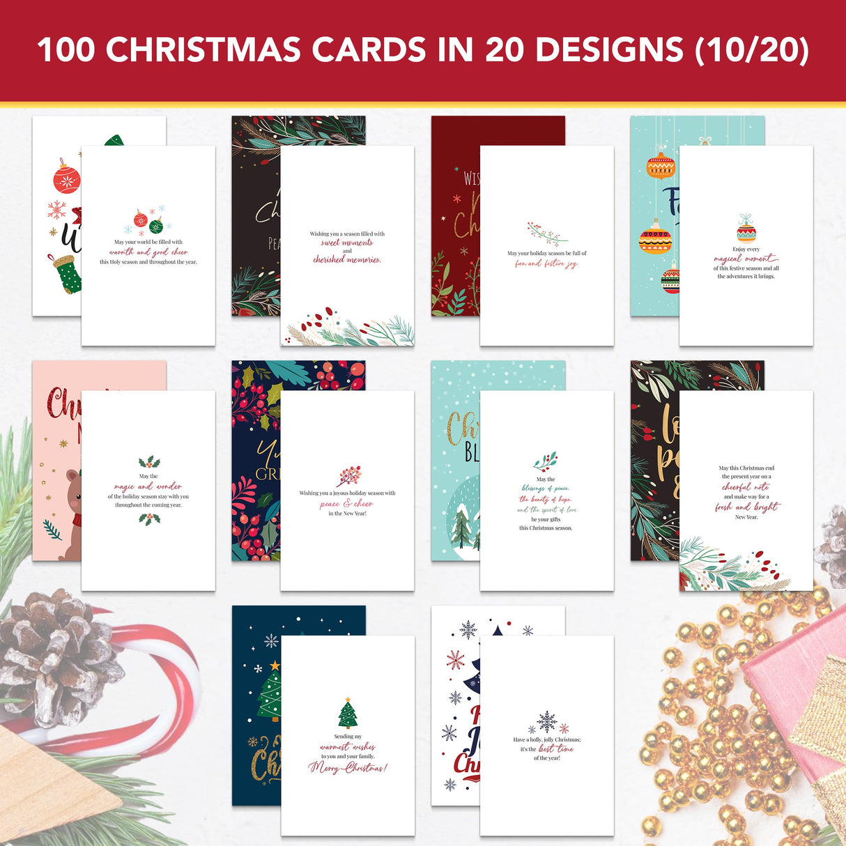 Decorably 100 Pack Foiled and Glittery 6x4in Christmas Cards with Envelopes Bulk and Stickers, 20 Festive Designs Bulk Christmas Cards with Envelopes, with Printed Message Inside