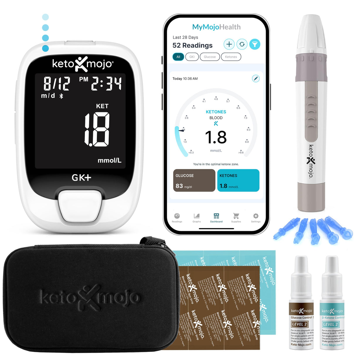 KETO-MOJO GK+ Bluetooth Glucose & Ketone Testing Kit + Free APP for Ketosis & Diabetes Support. 20 Blood Test Strips (10 Each), Meter, 20 Lancets, Lancing Device, and Control Solutions