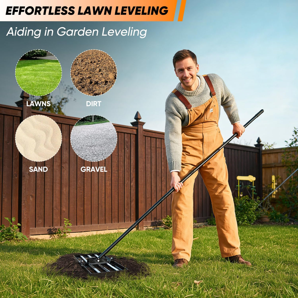 Saker Lawn Leveling Rake 30x10 Inch, Lawn Leveler Tool with 73-Inch Stainless Steel Handle, Heavy Duty Landscape Rake for Yard, Garden, Farm, and Golf Course - Black