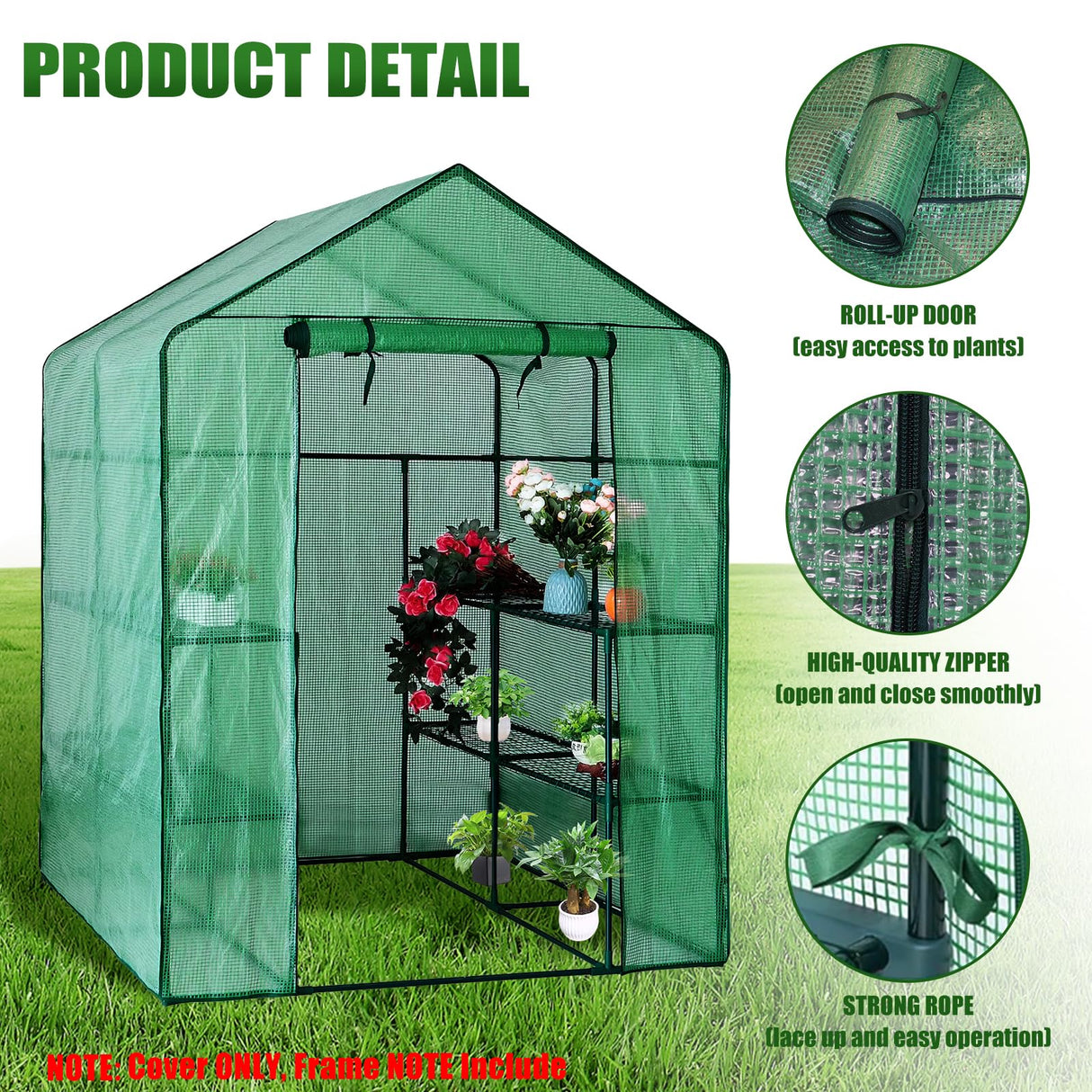 Walk-in Greenhouse Replacement Cover with Roll-Up Zipper Door, 56×56×76 inch PE Greenhouse Cover Protect Outdoor Gardening Plants from Cold Frost，Waterproof and UV Resistant(Frame Not Include)