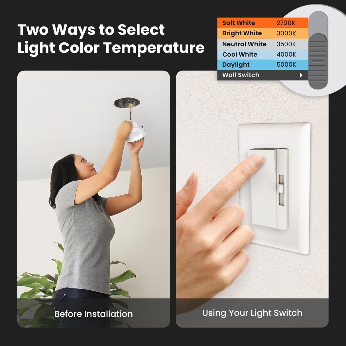 Feit Electric LED Downlight Retrofit Kit with Baffle Trim, 75W Equivalent, 5/6-Inch Dimmable Recessed Light, Adjustable White 2700K–5000K, 90+ CRI, for Living, Bathroom, Dining & Kitchen Room