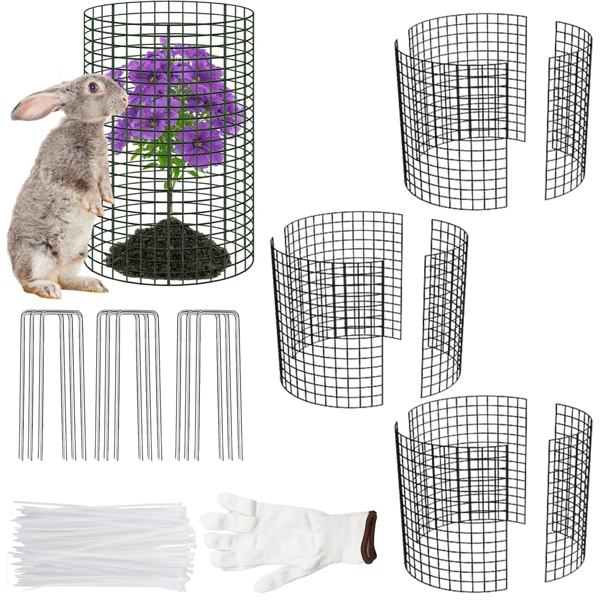 3Pack 17x14 Inch Green Coated Galvanized Wire Plant Protectors, 9Pcs Mesh Cloches with Stakes & Zip Ties, Chicken Wire Cage for Rabbits Squirrels Chickens, Garden Vegetable Seedling Protection
