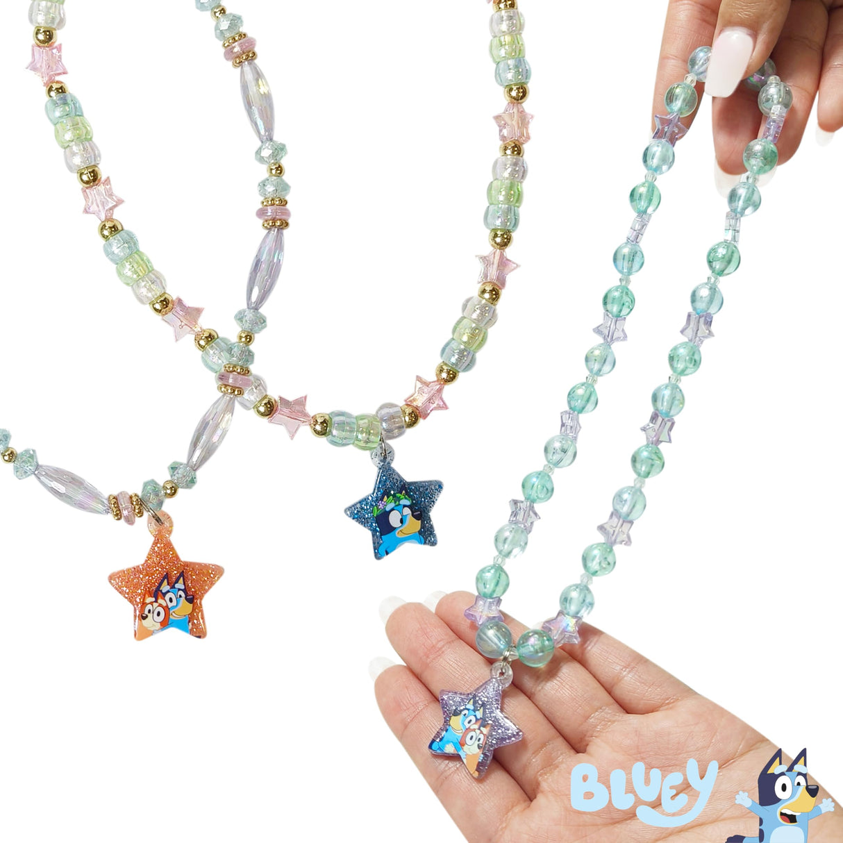 LUV HER Bluey Girl's Jewelry Set - Dress up 9 Piece Toy Jewelry Box Set with Bead Necklace, Bracelet and Ring - Play Accessories - Ages 3+