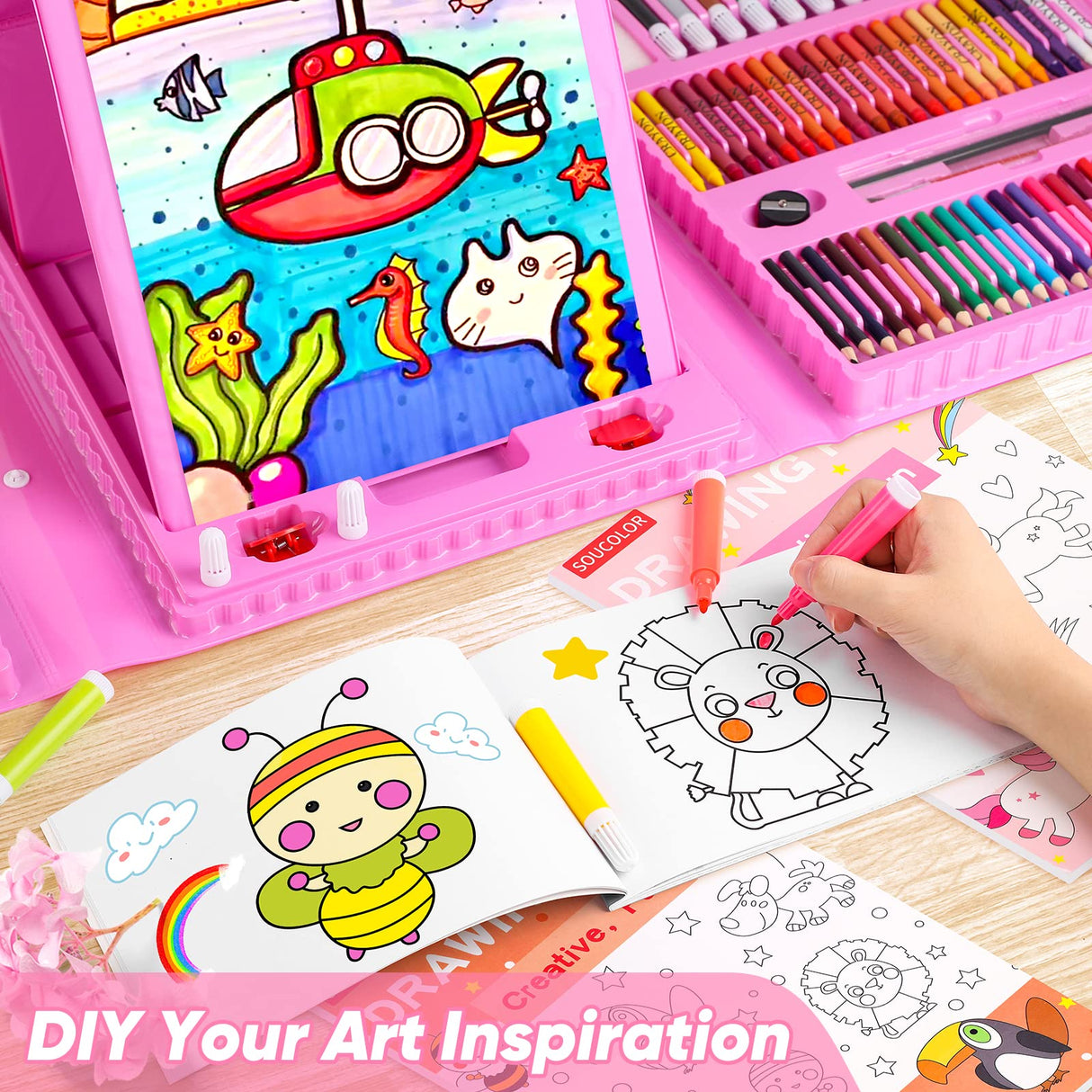 Soucolor Christmas Gifts for Kids Teens Girls Boys Ages 4, 6, 8, 10, 12, 283 Pieces Drawing Set Art Kits with Trifold Easel, 2 Drawing Pads, 1 Kids Activity Coloring Book, Crayons, Pastels, Watercolor