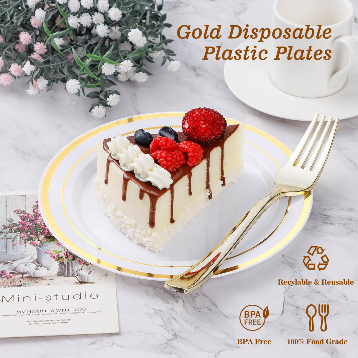 BESTVIP 100PCS Gold Plastic Plates, 10.25 Inch Disposable Dinner Plate Party with Gold Rim for Christmas, Thanksgiving, Heavy Duty Disposable Plastic Plates for Party, Wedding and Birthday, Events