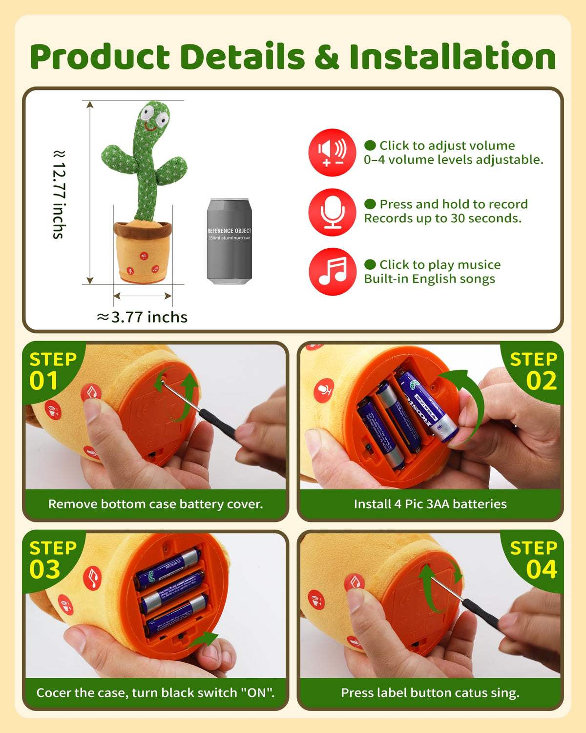 TWORIVER Adjustable Volume Dancing Talking Cactus Toy for Baby, Boys Girls