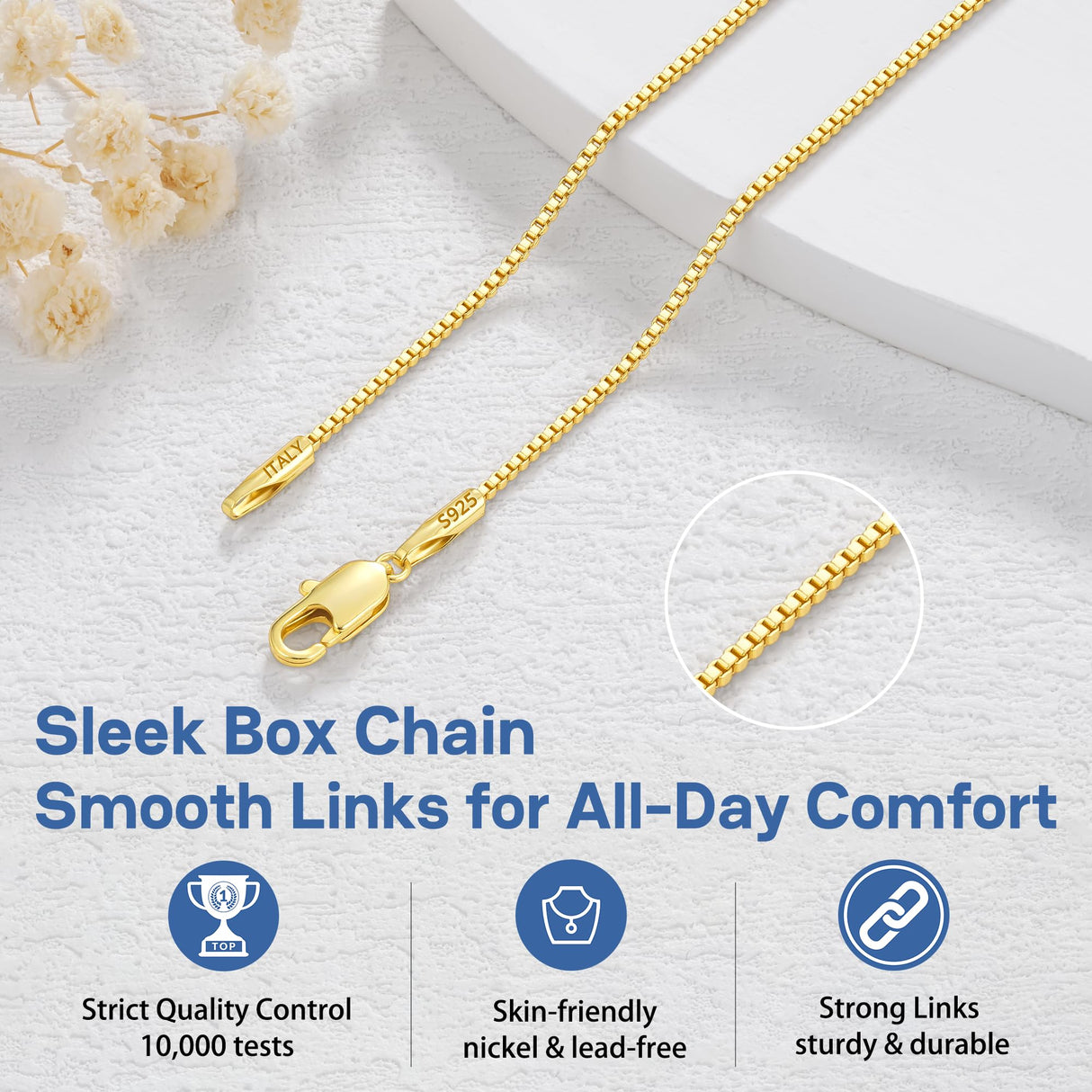Jewlpire 14K Gold Plated Chain Necklace for Women, 1.3MM Box Chains Necklace 14K Gold Plated Chain for Women Thin & Sturdy Womens Chains Necklaces, 26 Inches