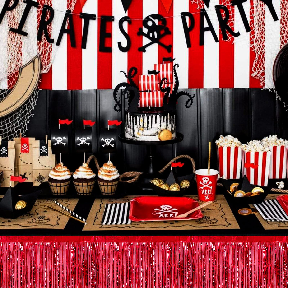 6 Pack 29x108 Inch Red Metallic Foil Fringe Table Skirts Banner for Tinsel Streamer Garland Curtains Backdrop for Parade Floats Wedding Baby Shower Birthday Christmas Halloween Party Decoration