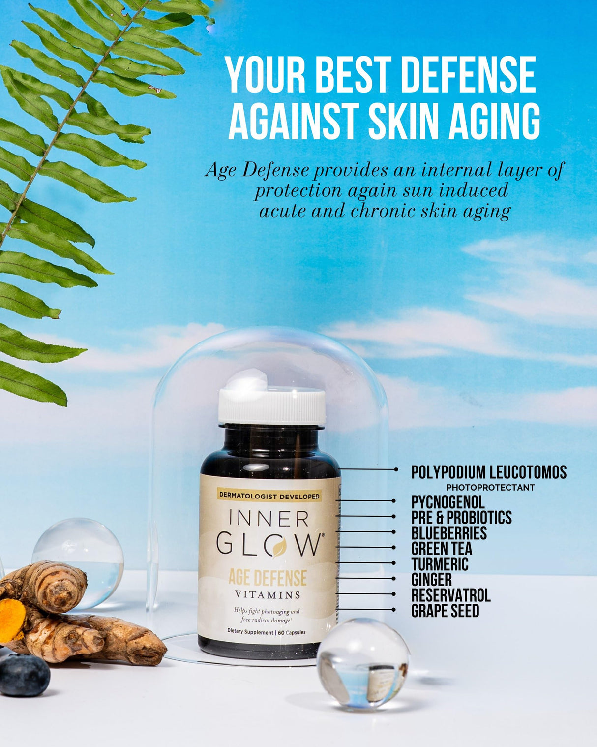 Inner Glow Age Defense Vitamins - Dermatologist and Plastic Surgeon Developed to Fight photoaging and Melasma, Polypodium Leucotomos Antioxidant Formula – Vegan, Gluten-Free – 60 Capsules