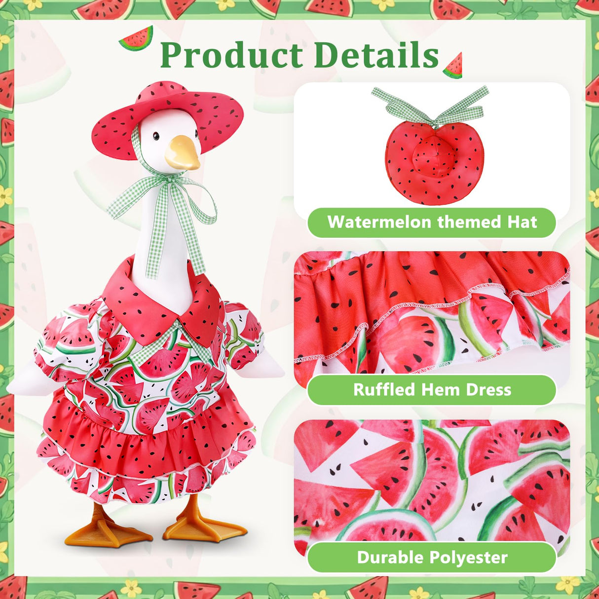 Pextian Watermelon Porch Goose Outfit, 23 inch Porch Goose Summer Outfit with Watermelon Dress and Hat, Cute Goose Clothes for Outdoor Garden Yard Patio Lawn Art Decor