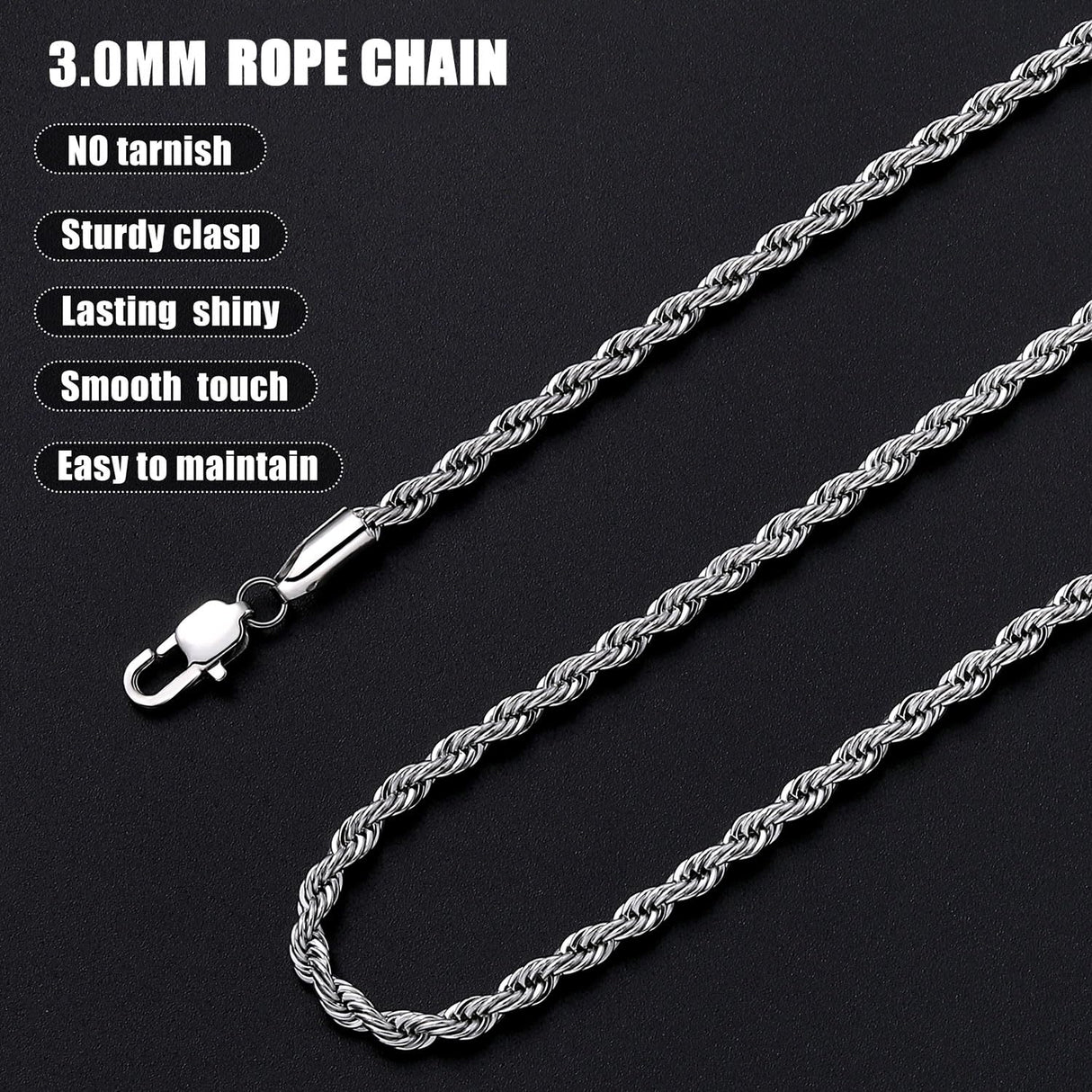 Fiusem Silver Chain Necklace for Men 3mm Stainless Steel Rope Chain 24 Inch