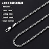 Fiusem Silver Chain Necklace for Men 3mm Stainless Steel Rope Chain 24 Inch