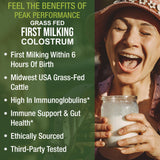First Milking Colostrum Powder from Grass Fed USA Cows Milked Within 6 Hours of Giving Birth to Get The Most Bioactive Nutrients. High Immunoglobulin Bovine Colostrum Supplement for Humans