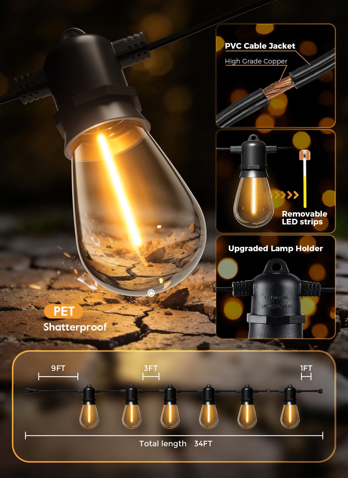 Minetom 100FT Solar String Lights Outdoor Waterproof with Remote, 31+1 LED Shatterproof Bulbs, Dimmable & Timable, 3 Light Modes - Commercial Grade Patio Lights for Garden Backyard