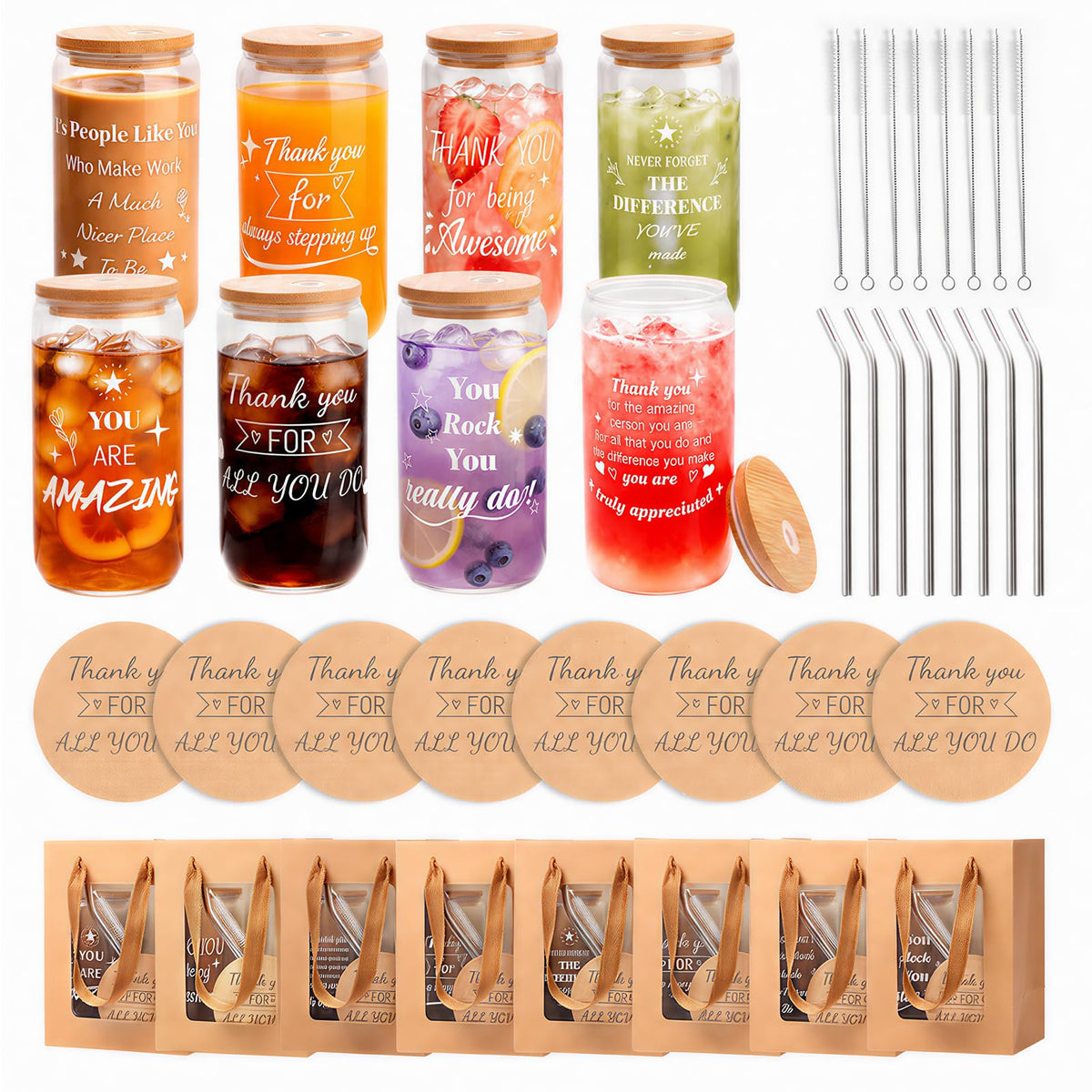 40 Pcs/8 Sets Employee Appreciation Gifts Glass Cups with Coasters, Straws, Gift Bags – Thank You Gifts for Coworkers, Teachers, Nurses, Staff, for Office, School, Team Building, Birthday & Holiday