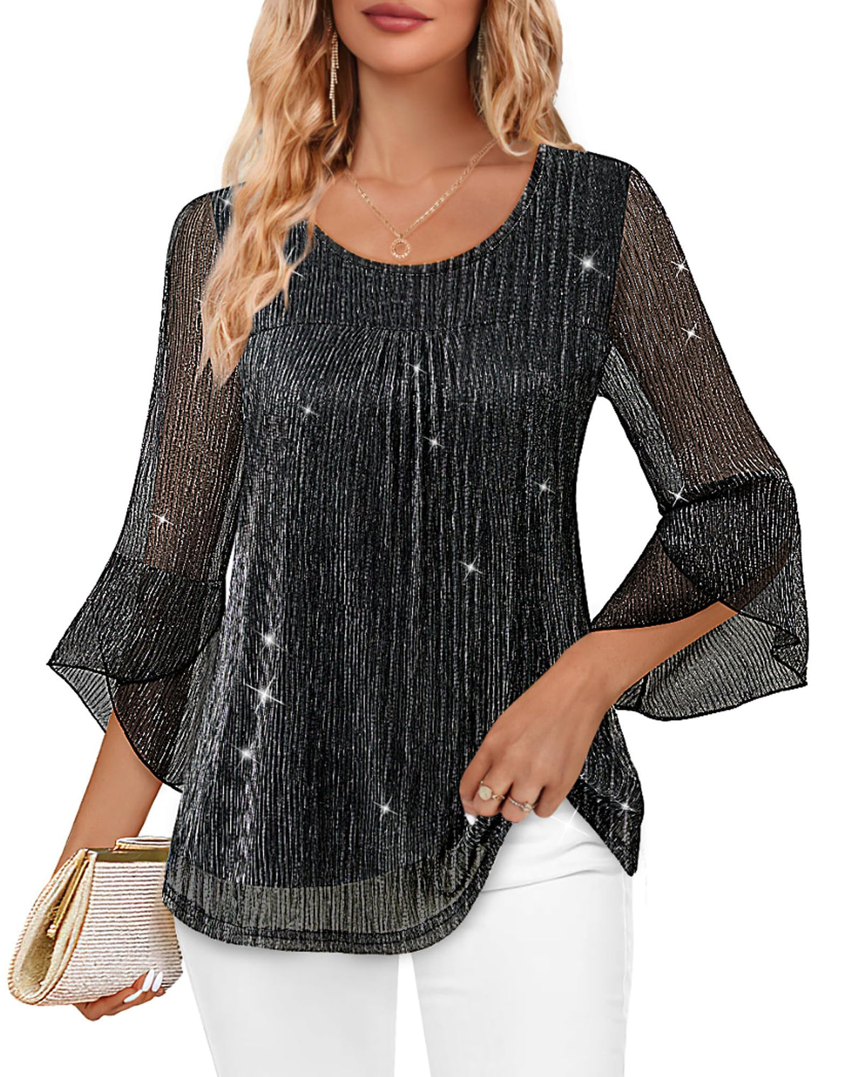 Bebonnie Holiday Outfits for Women 2025: Women's Long Sleeve Fall Winter Fashion Elegant Sparkly Sequin Casual Dressy Shirts Fancy Cute Mesh Blouses Christmas Flowy Tunic Tops Black SilverXL