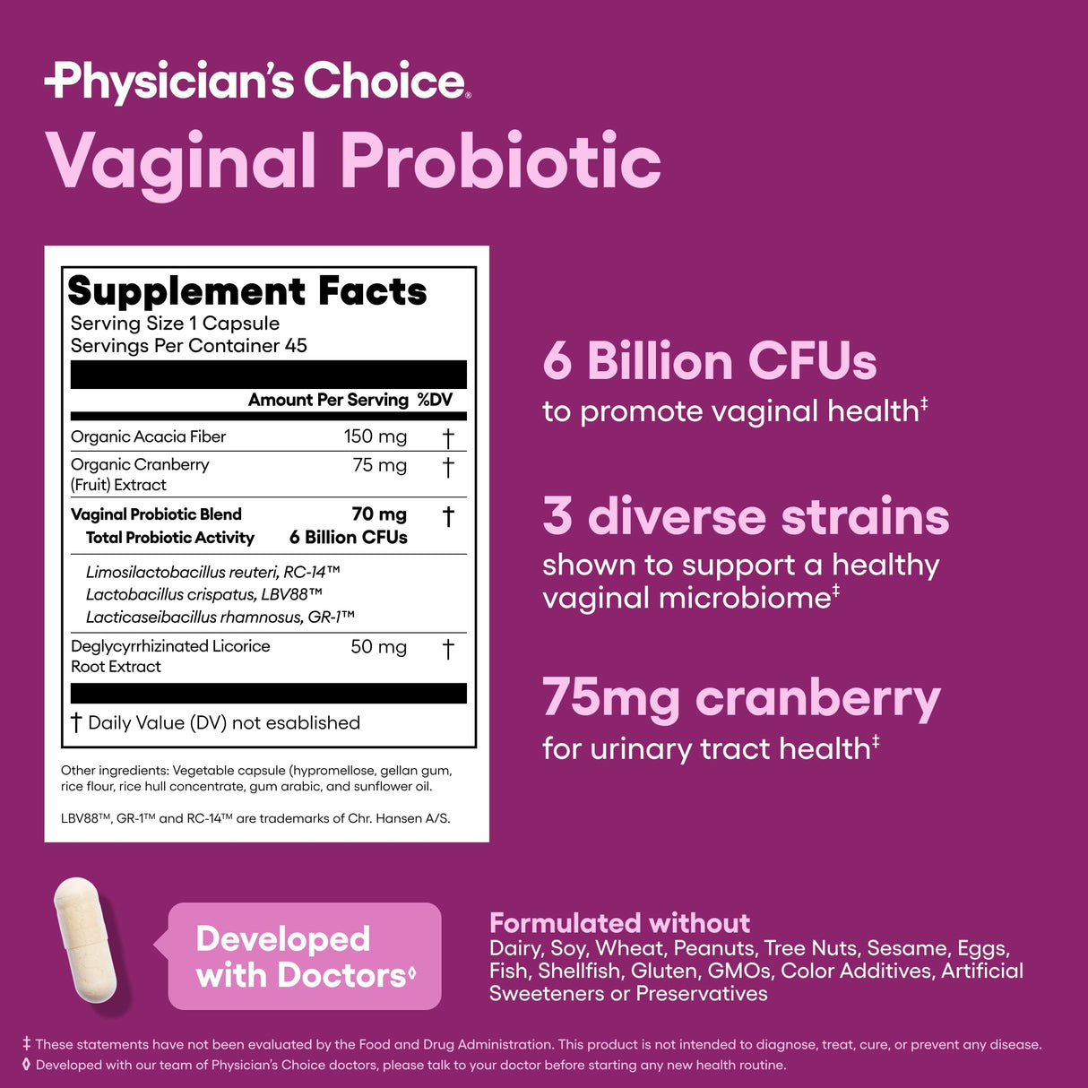 Physician's CHOICE Vaginal Probiotics for Women - pH Balance, Odor Control, Yeast Balance, Vaginal Flora & Feminine Health - 6B CFU with Organic Prebiotics and Cranberry Extract - 45 CT