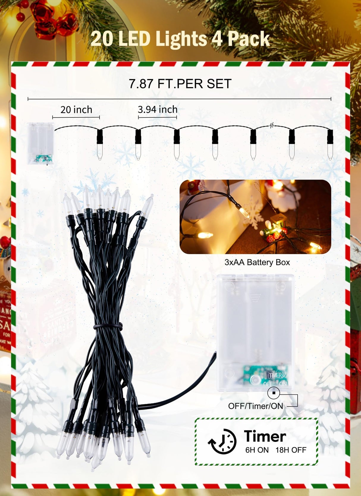 Battery Operated Christmas String Lights, 8ft 20 LED Mini Lights with Timer, Christmas Tree Lights for Indoor Outdoor Bedroom Wedding Party Holiday Xmas Decoration，Warm White（4 Pack）