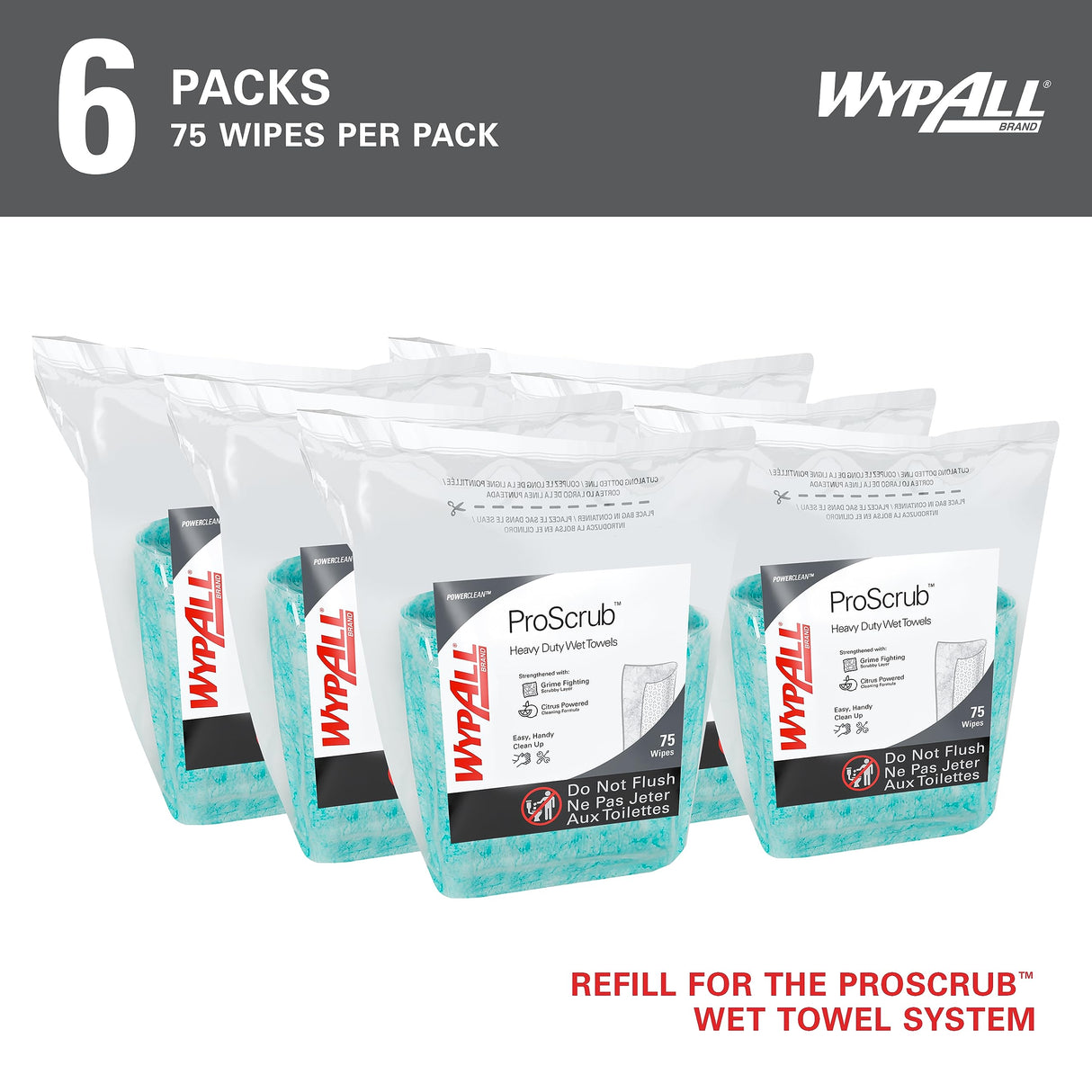 WypAll PowerClean ProScrub Heavy Duty Wet Towels (91367), Dual Action Cleaning, Large 9.5" x 12" Wipes, Refill Only (6 Packs of 75 Sheets, 450 Sheet Total)