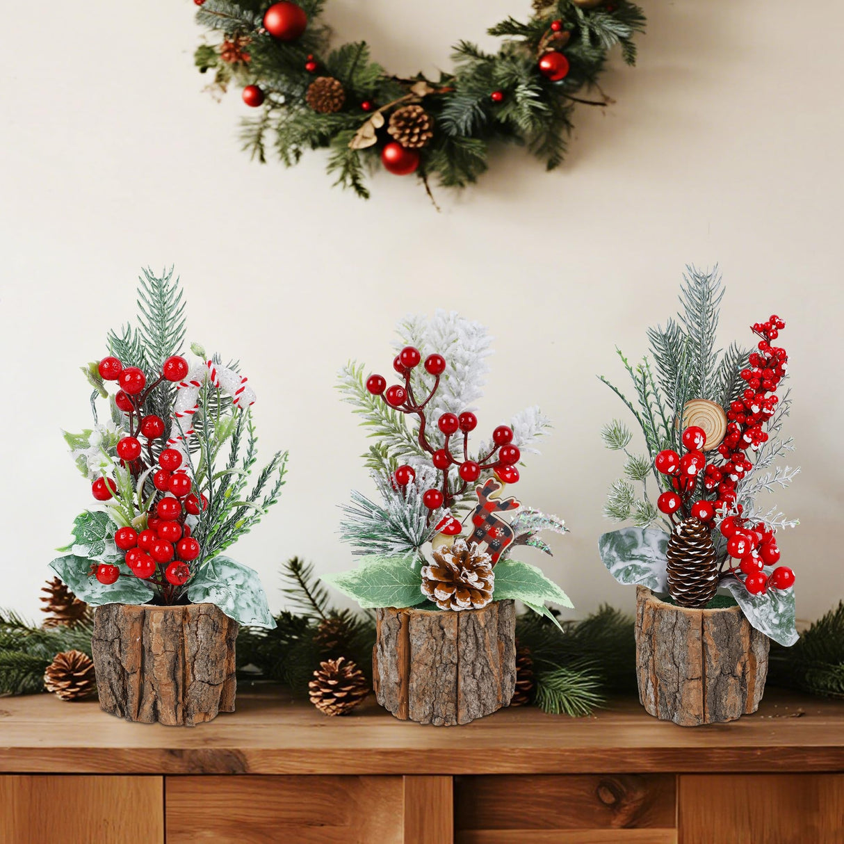 winemana 3 Pack Mini Christmas Trees Table Decorations, 11.5 Inch Small Artificial Xmas Tree Centerpieces with Red Berries & Pine Cones for Home, Office, Tabletop, Indoor Holiday Party Decor