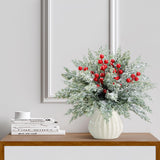 60 Pcs Artificial Christmas Snow Pine Branches with Red Berry Stems, Snowy Faux Greenery Norfolk Pine Cypress Leaves Stems, Berries White Frosted Fake Foliage Pine Needle Picks for Garland Home Decor