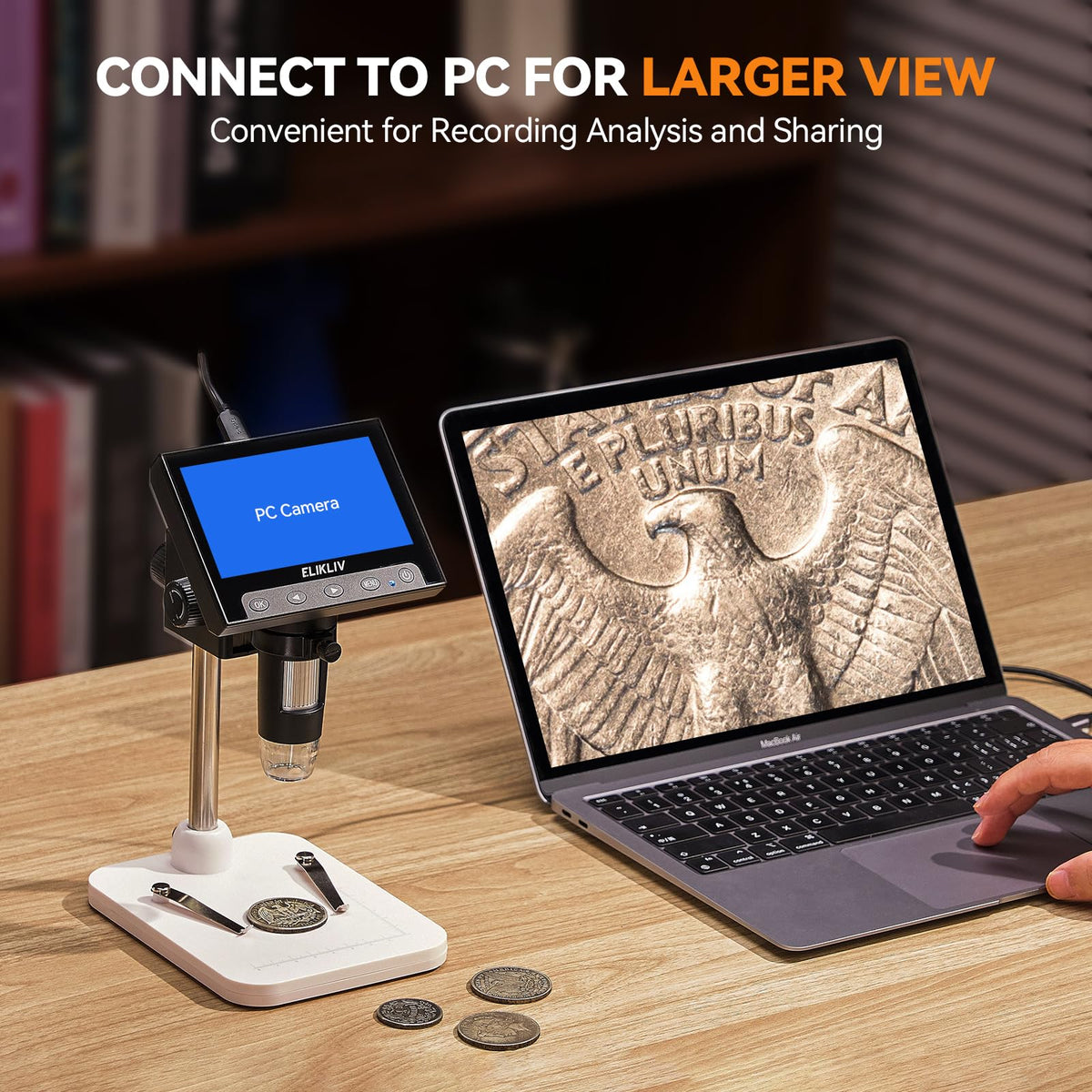 Elikliv Microscope, Digital Coin Microscope 1000x with Lights, EDM4, 4.3''