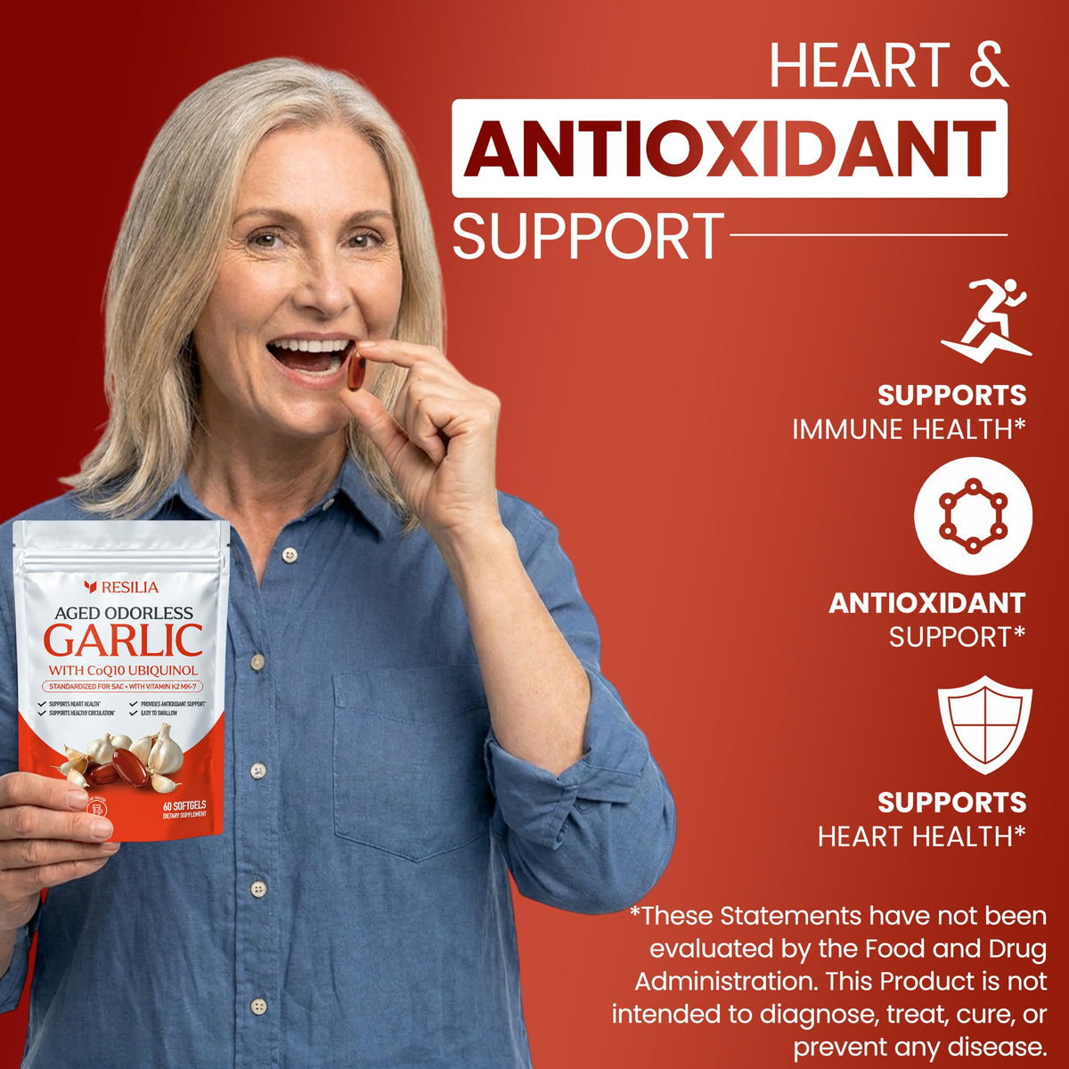 Resilia Odorless Aged Garlic Softgels (60 Count) | 1200mg Aged Garlic Per Serving | with CoQ10 Ubiquinol & Vitamin K2 (MK-7) | Dietary Supplement