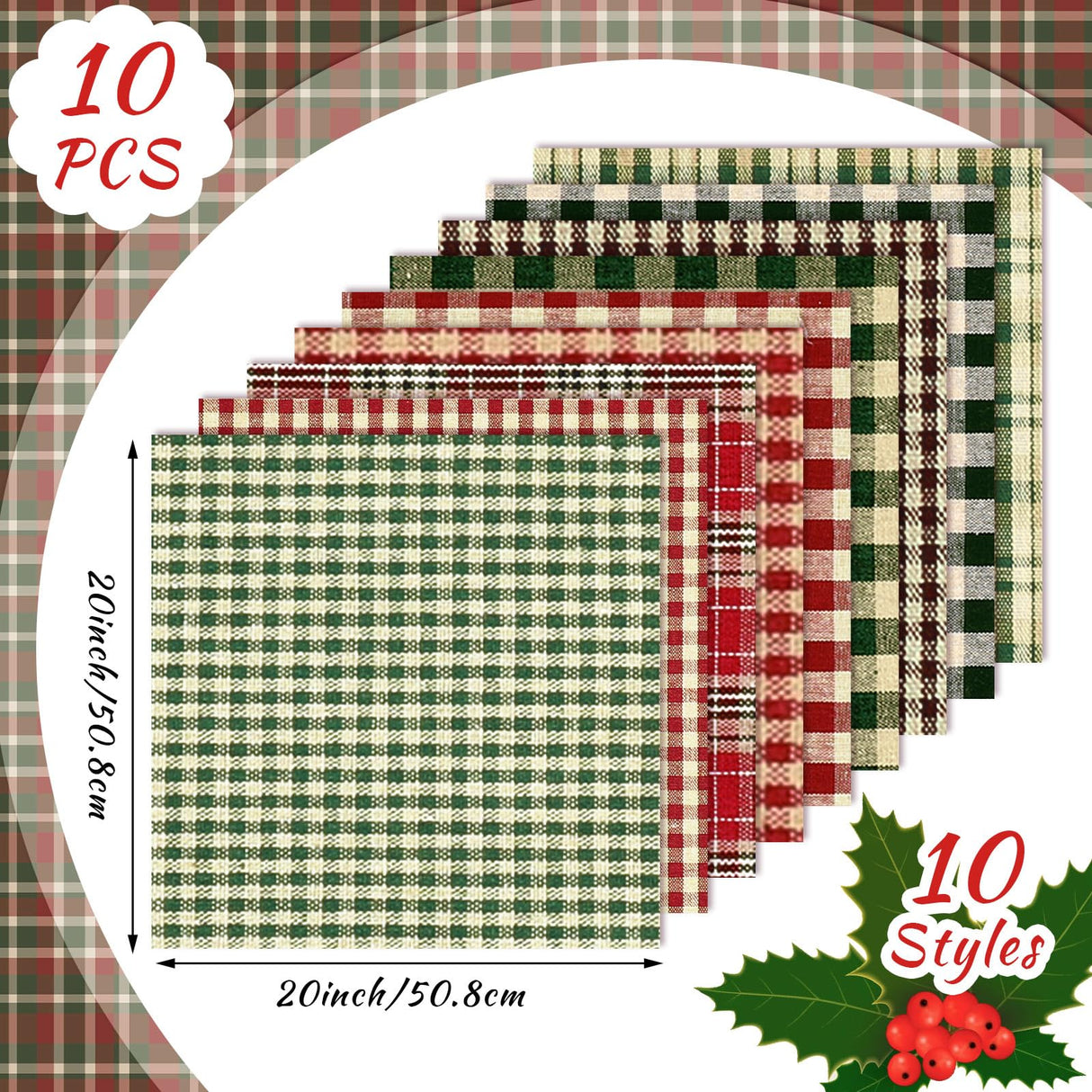 Hahafelt 10 Pcs Christmas Fabric Bundles Vintage 20 x 20 Inch Christmas Plaid Stripe Fat Quarters Holiday Squares Sewing Fabrics Precut Quilting Patchwork for Xmas DIY Handmade Crafting
