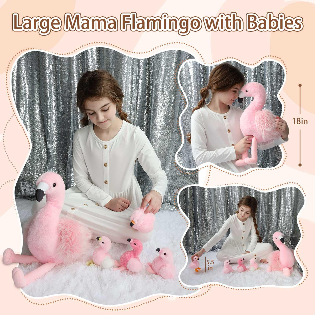 MorisMos Plush Flamingo Stuffed Animals-18in Mommy Stuffed Flamingo with 4 Baby Bird Toys for Girls Boys,Pink Bird Stuffed Animal Gift for Kids Women Birthday Decor Baby Shower Christmas