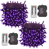 YEGUO Halloween Lights Battery Operated, 2 Pack Each 33ft 100 LED Purple String Lights Outdoor Waterproof, Green Wire Fairy Christmas Light Indoor with Remote