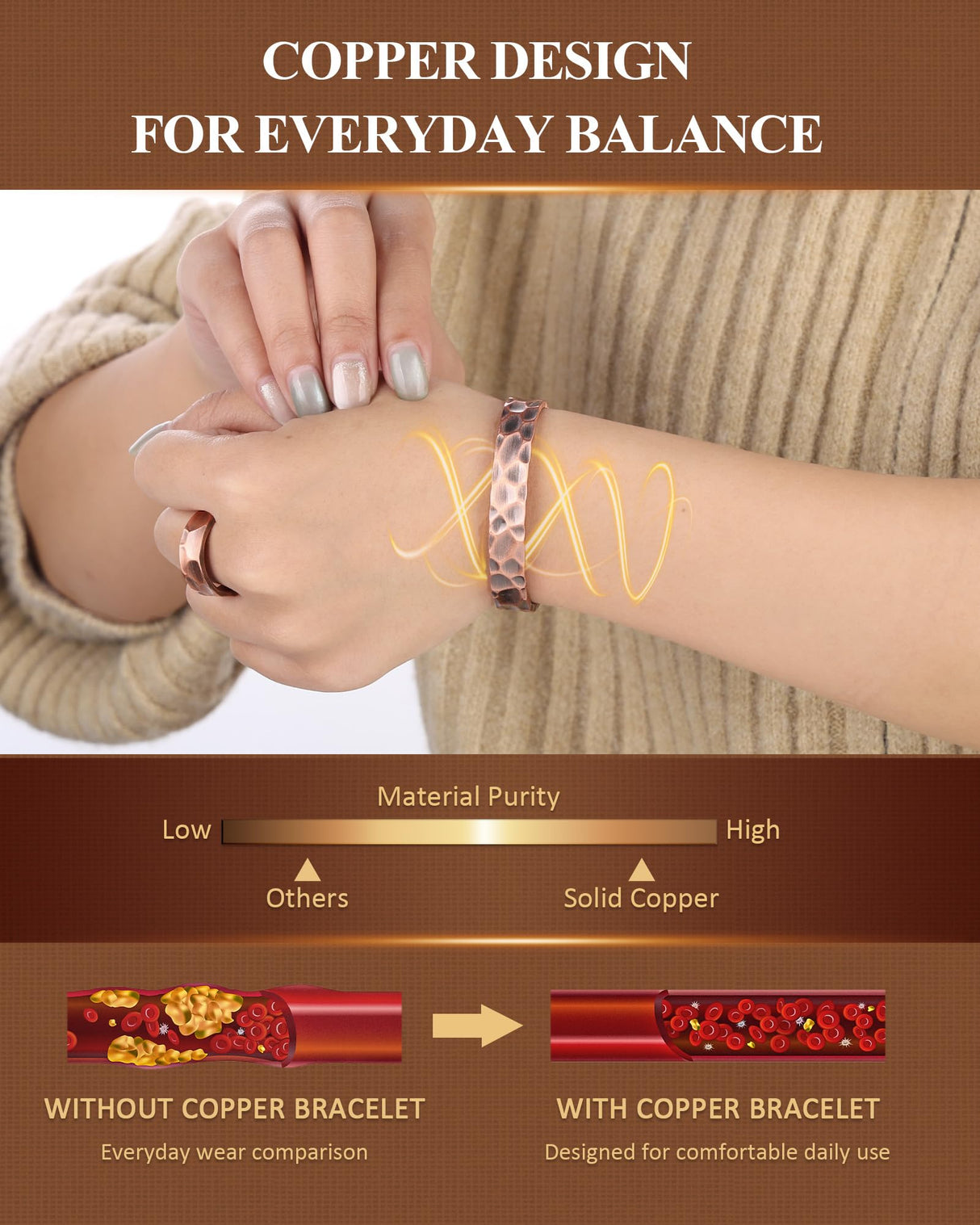 Fashtour Pure Copper Bracelet & Ring Set for Men & Women, Handmade